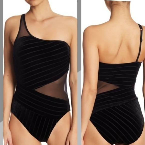 NWT - Kenneth Cole Black One-Shoulder One Piece Swimsuit - Picture 1 of 7